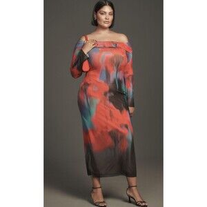 Anthropologie Off-Shoulder Midi Dress in Red and Teal Abstract Print